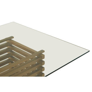Rectangular Glass Top Dining Table with Matte Gold Stainless Steel Base | Vogue – close-up
