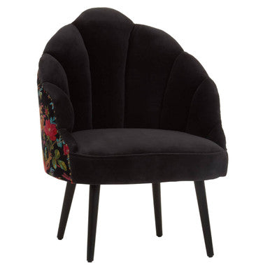 Cefena Black Scalloped Chair with Peacock Printed Back – detail