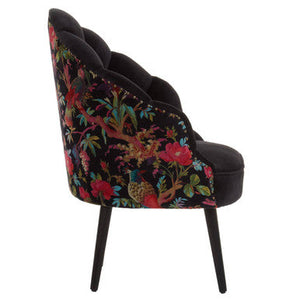 Cefena Black Scalloped Chair with Peacock Printed Back – in room setting