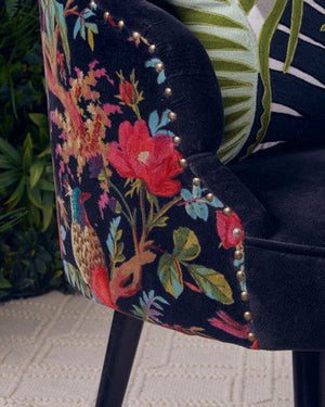 Cefena Black Scalloped Chair with Peacock Printed Back – close-up
