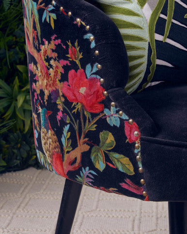 Cefena Black Scalloped Chair with Peacock Printed Back – close-up