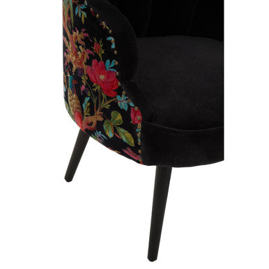 Cefena Black Scalloped Chair with Peacock Printed Back – angle view