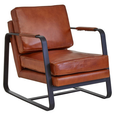Buffalo Brown Leather Armchair with Black Metal Frame – in room setting