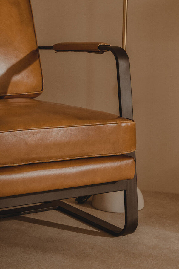 Buffalo Brown Leather Armchair with Black Metal Frame – angle view 2