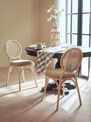 Cebu White Wash Wood and Rattan Dining Chair with Beige Seat – in room setting