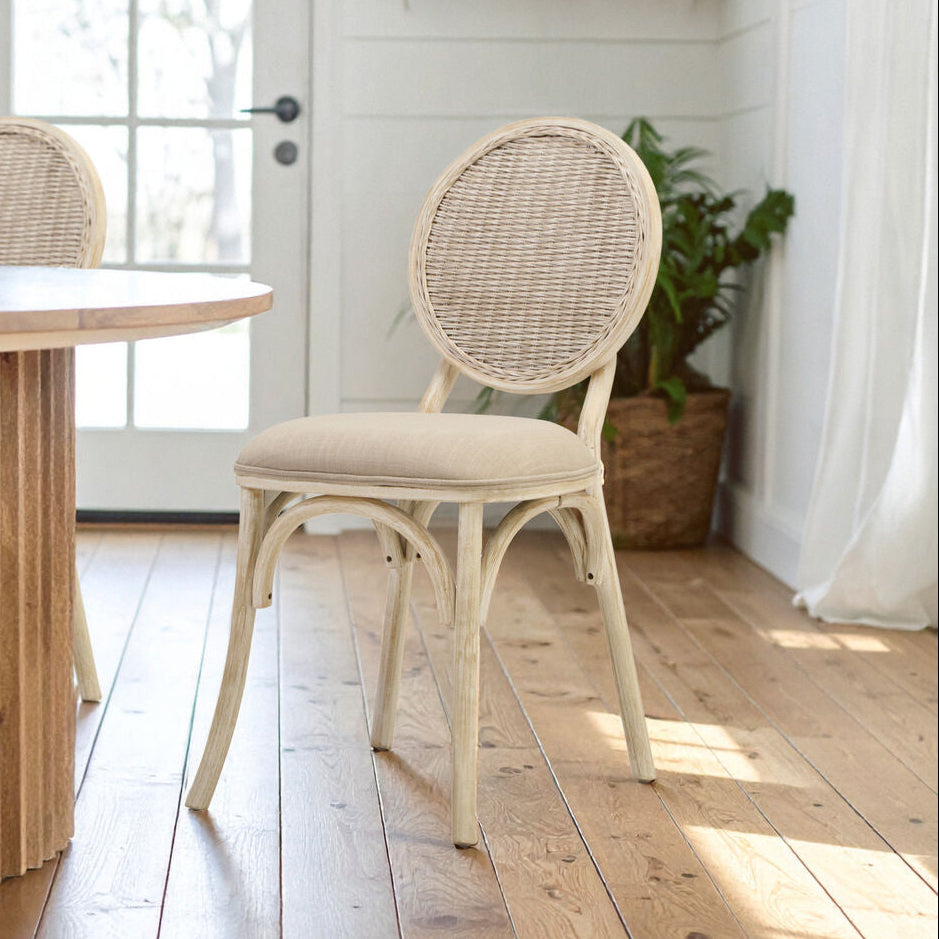 Cebu White Wash Wood and Rattan Dining Chair with Beige Seat
