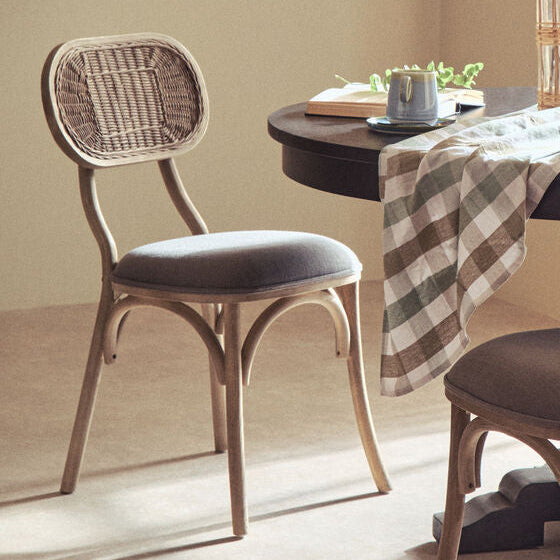 Cebu Grey Wash Wood and Rattan Dining Chair with Fabric Seat