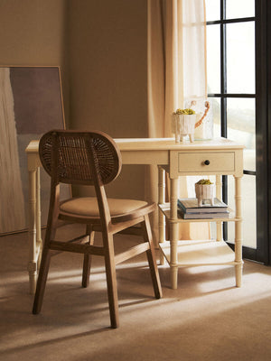 Cebu Grey Wash Wood and Rattan Dining Chair with Beige Seat – in room setting