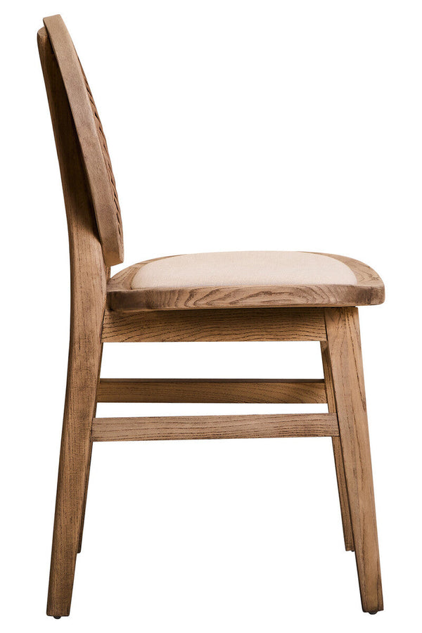 Cebu White Wash Wood and Round Rattan Dining Chair with Beige Seat – in room setting