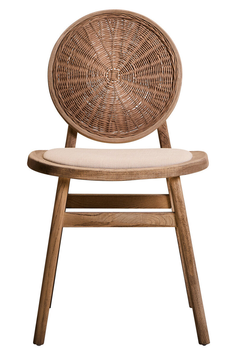 Cebu White Wash Wood and Round Rattan Dining Chair with Beige Seat