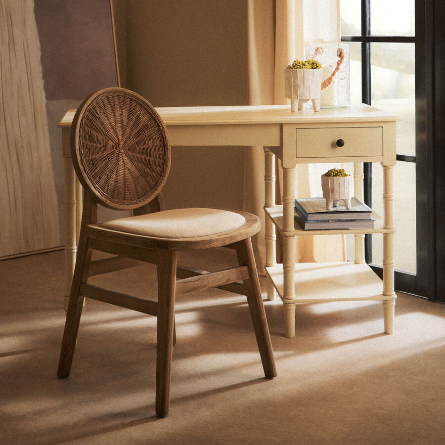 Cebu White Wash Wood and Round Rattan Dining Chair with Beige Seat