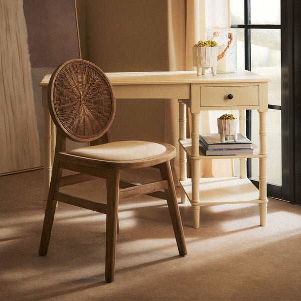 Cebu White Wash Wood and Round Rattan Dining Chair with Beige Seat