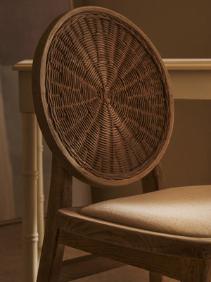 Cebu White Wash Wood and Round Rattan Dining Chair with Beige Seat – side view 2