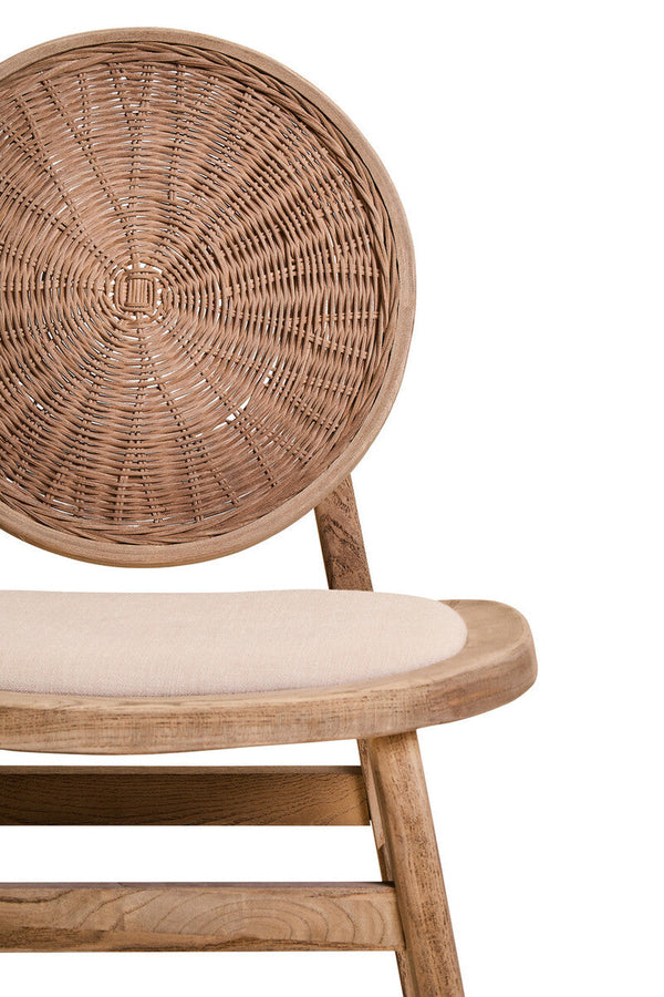 Cebu White Wash Wood and Round Rattan Dining Chair with Beige Seat – back view