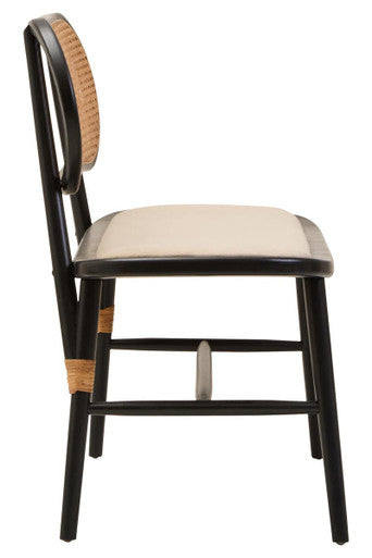 Cebu Black Wood Bench with Rattan Backrest – in room setting