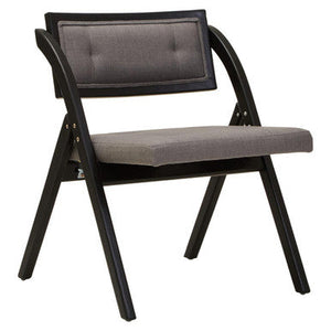 Cebu Black Wood Folding Chair with Grey Fabric Seat – in room setting