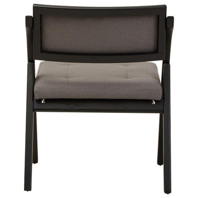 Cebu Black Wood Folding Chair with Grey Fabric Seat – back view