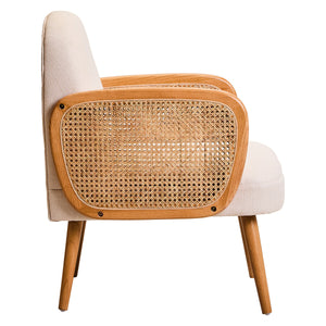 Cebu Ivory Fabric and Cane Chair with Elm Wood Legs – in room setting
