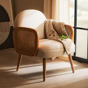 Cebu Ivory Fabric and Cane Chair with Elm Wood Legs