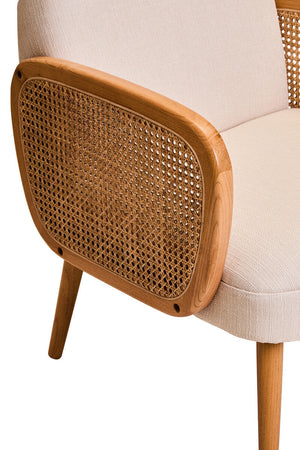 Cebu Ivory Fabric and Cane Chair with Elm Wood Legs – back view