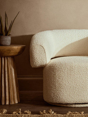 Oliveto Ivory Boucle Fabric Curved Swivel Armchair – close-up