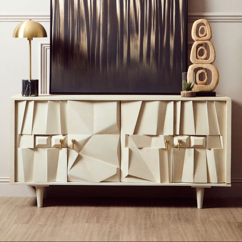 Sita Whitewash Carved Mango Wood 4 Door Sideboard