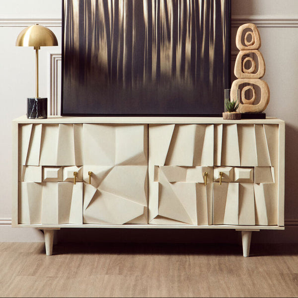 Sita Whitewash Carved Mango Wood 4 Door Sideboard