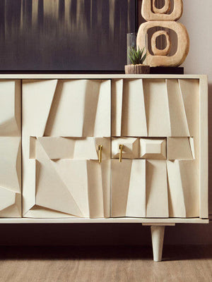 Sita Whitewash Carved Mango Wood 4 Door Sideboard – angle view