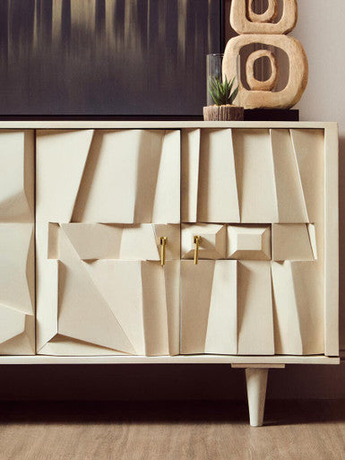 Sita Whitewash Carved Mango Wood 4 Door Sideboard – angle view