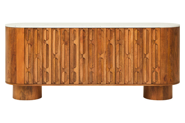 Mango Wood Carved Design Marble Top Three Door Sideboard | Torcino – side view