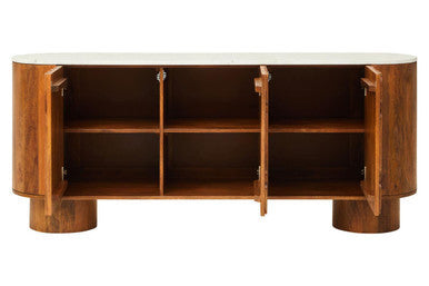 Mango Wood Carved Design Marble Top Three Door Sideboard | Torcino – in room setting