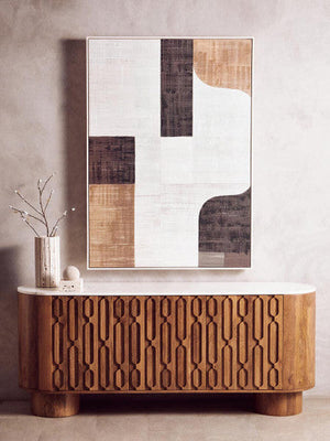 Mango Wood Carved Design Marble Top Three Door Sideboard | Torcino – back view