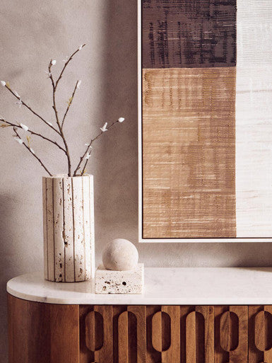 Mango Wood Carved Design Marble Top Three Door Sideboard | Torcino – angle view