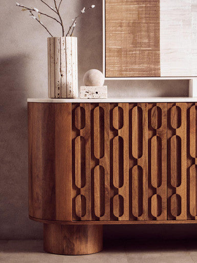 Mango Wood Carved Design Marble Top Three Door Sideboard | Torcino – side view 2