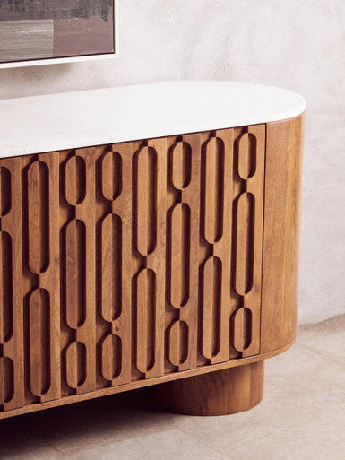 Mango Wood Carved Design Marble Top Three Door Sideboard | Torcino – detail 2