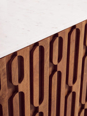 Mango Wood Carved Design Marble Top Three Door Sideboard | Torcino – in room setting 2