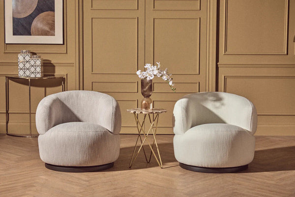 Bordo Cream Textured Fabric Curved Swivel Chair – in room setting 2
