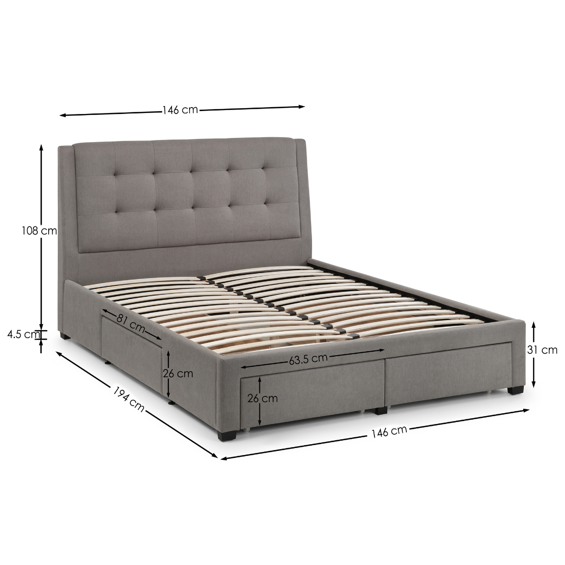 Fullerton 4 Drawer Double Bed  Grey - Living with Luxury