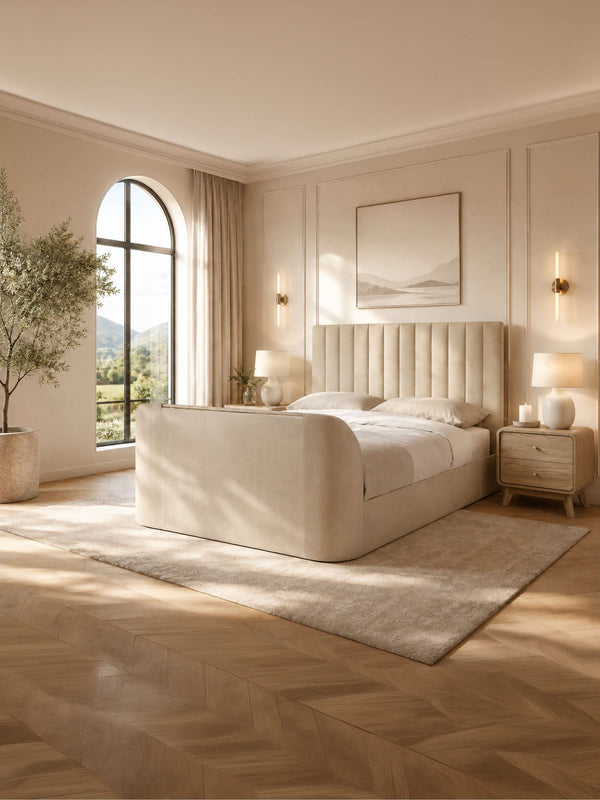 Alana Side-Lift Ottoman TV Bed - Cream Velvet, Double - Living with Luxury