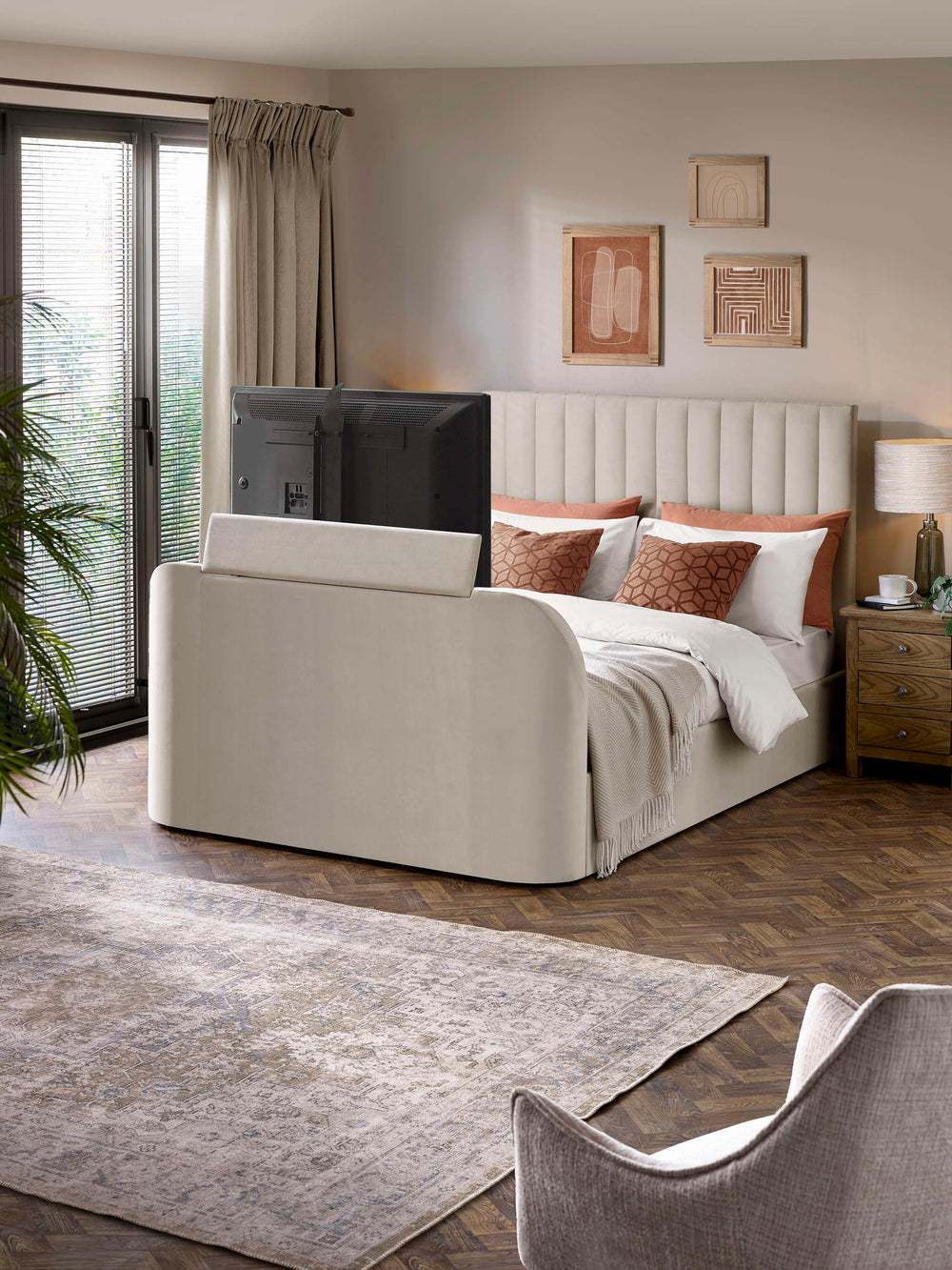 Alana Side-Lift Ottoman TV Bed - Cream Velvet, Double - Living with Luxury