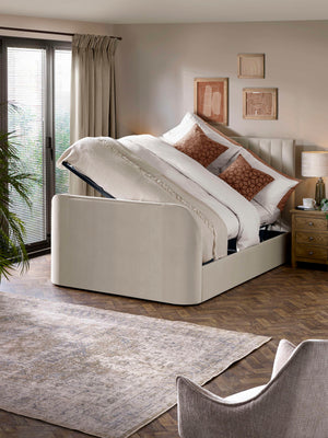 Alana Side-Lift Ottoman TV Bed - Cream Velvet, Double - Living with Luxury