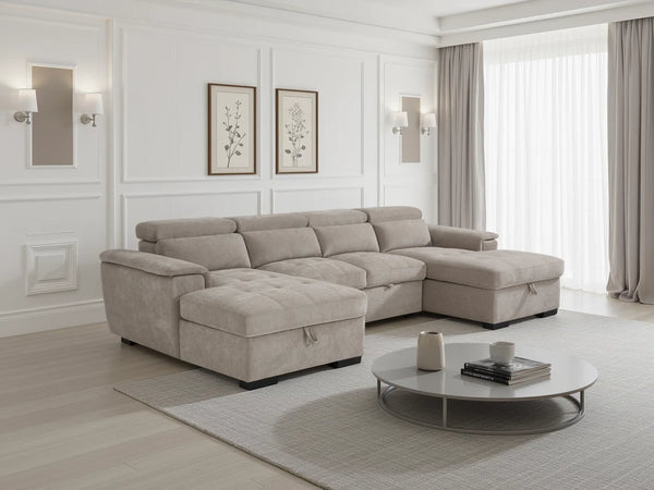 Alaya Beige U-Shaped Corner Sofabed – 6 Seater Fabric Sofa