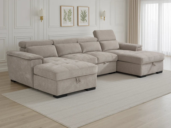 Alaya Beige U-Shaped Corner Sofabed – 6 Seater Fabric Sofa