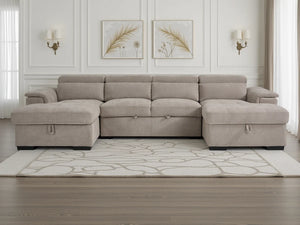 Alaya Beige U-Shaped Corner Sofabed – 6 Seater Fabric Sofa