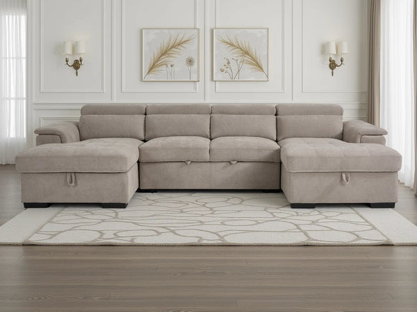 Alaya Beige U-Shaped Corner Sofabed – 6 Seater Fabric Sofa