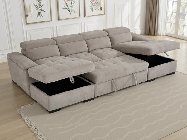 Alaya Beige U-Shaped Corner Sofabed – 6 Seater Fabric Sofa