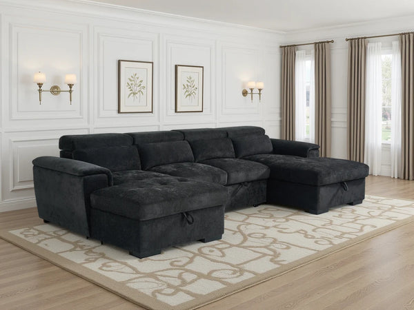 Alaya Black U-Shaped Corner Sofabed – 6 Seater Fabric Sofa