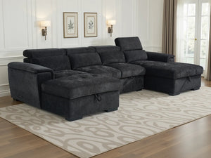 Alaya Black U-Shaped Corner Sofabed – 6 Seater Fabric Sofa