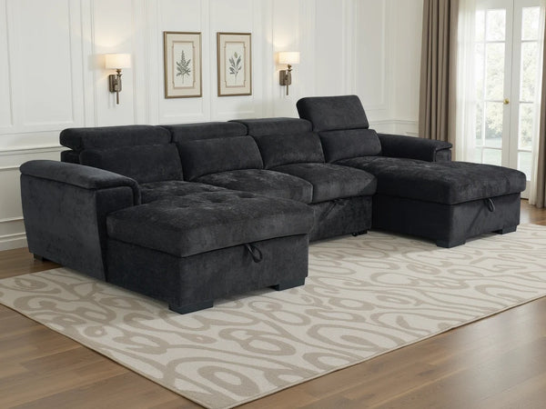 Alaya Black U-Shaped Corner Sofabed – 6 Seater Fabric Sofa
