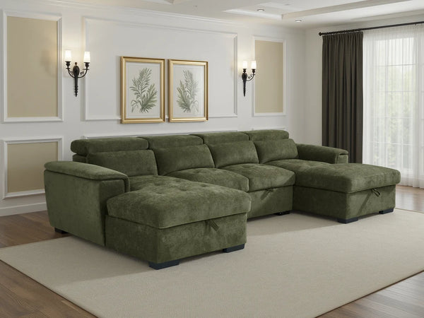 Alaya Green U-Shaped Corner Sofabed – 6 Seater Fabric Sofa